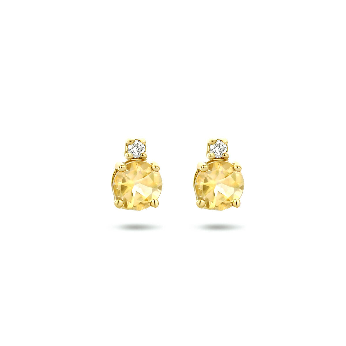 Orecchini in oro giallo 14K con citrino e diamante (2x 0,015 ct) H SI, forma rotonda.