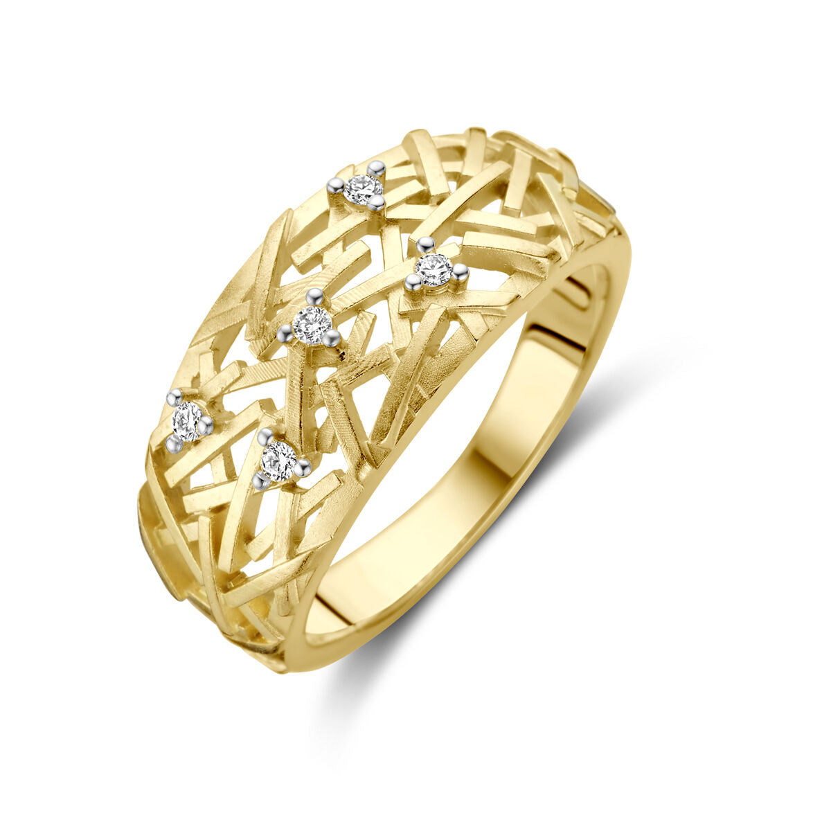 Anello in oro giallo 14K con diamanti da 0,06 ct, design intrecciato.
