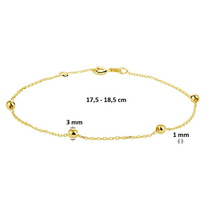 Subtiele Van der Kooij Collectie armband anker en bolletjes van 1,0 mm in 14K geelgoud, verstelbaar van 17,5 tot 18,5 cm. Perfect dames sieraad met fijn verdeelde goudkleurige kralen.