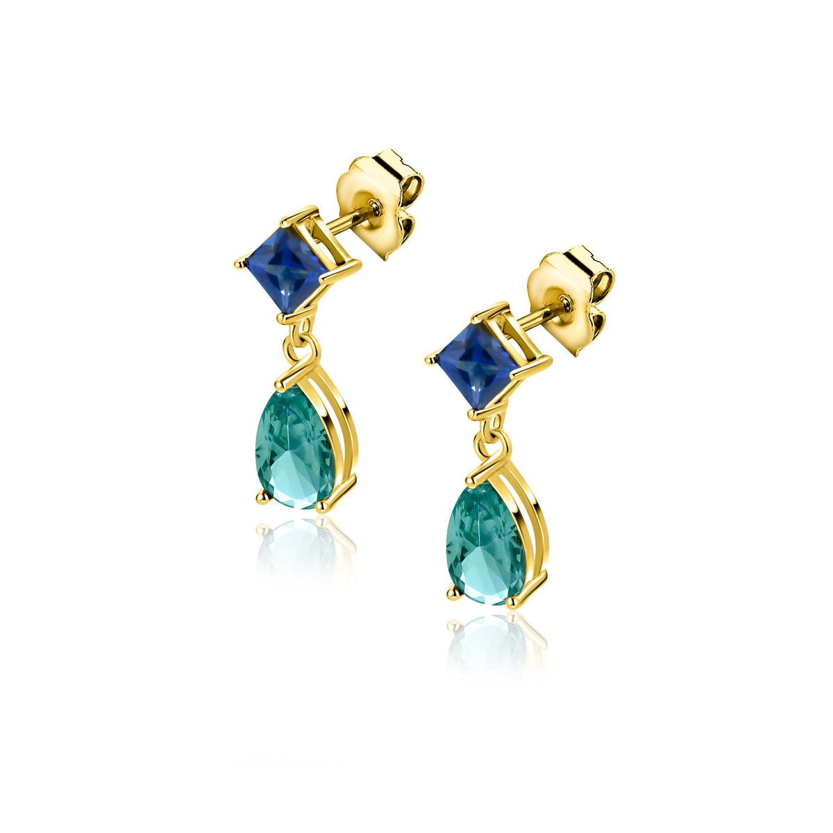 Orecchini placcati oro con pietre blu quadrate e gocce verdi.