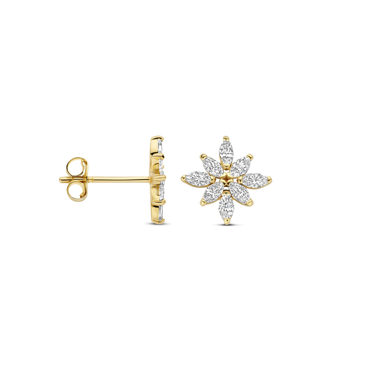 De Van der Kooij Collectie oorknoppen zirkonia 7,5 mm in 14K geelgoud hebben een bloemvorm met marquise-geslepen zirkonia als blaadjes. Ze worden van voren en opzij getoond tegen een witte achtergrond.