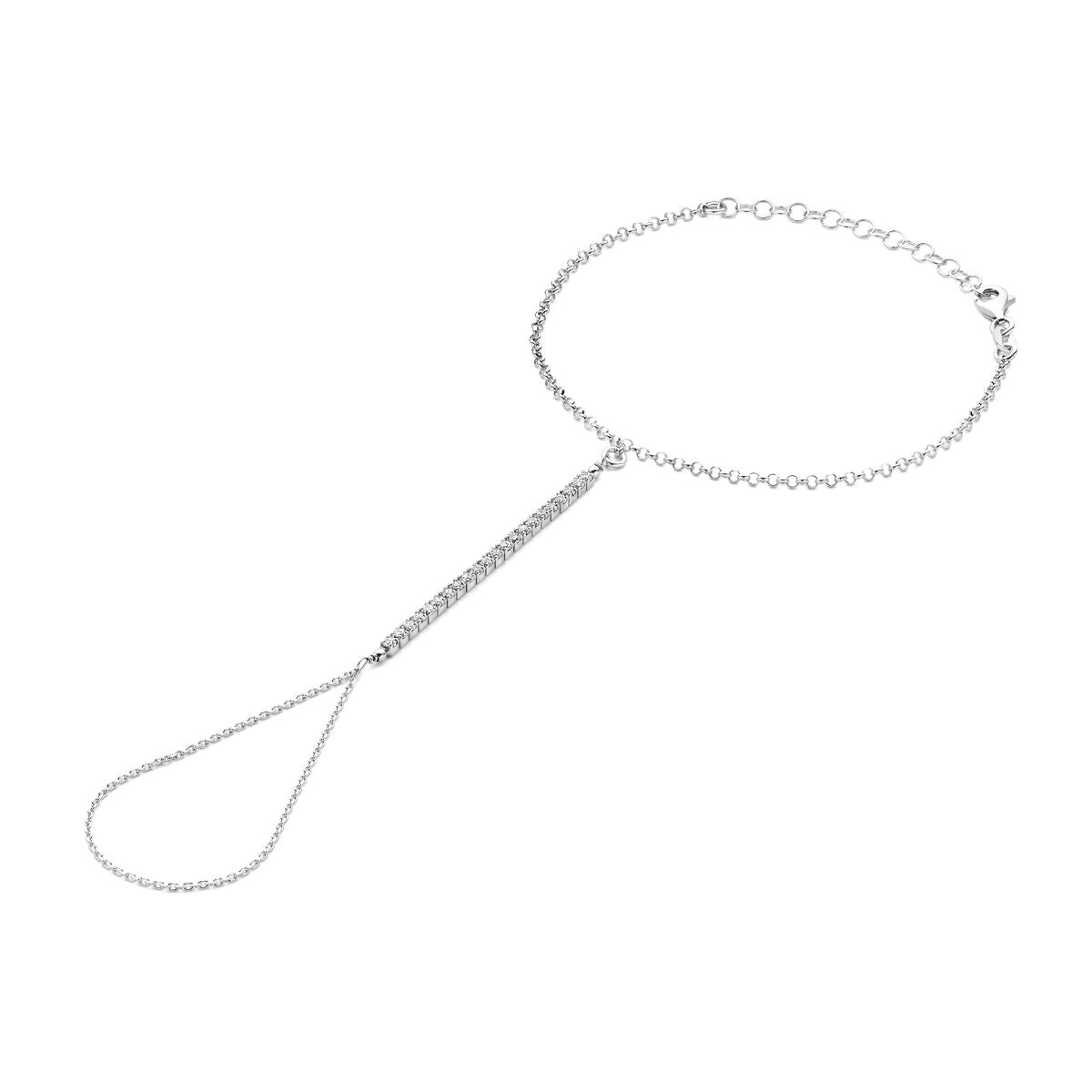 Bracciale in argento 925 con zircone, finitura rodiata, design a catena con pendente a goccia.