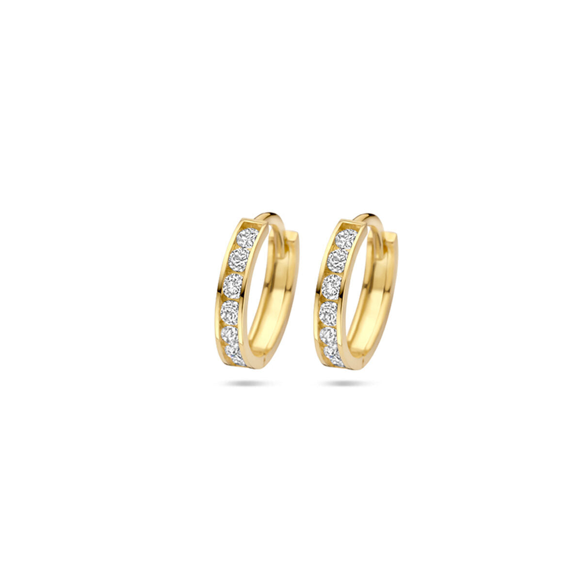 Orecchini alla creola in oro giallo 14k con fila di zirconi.
