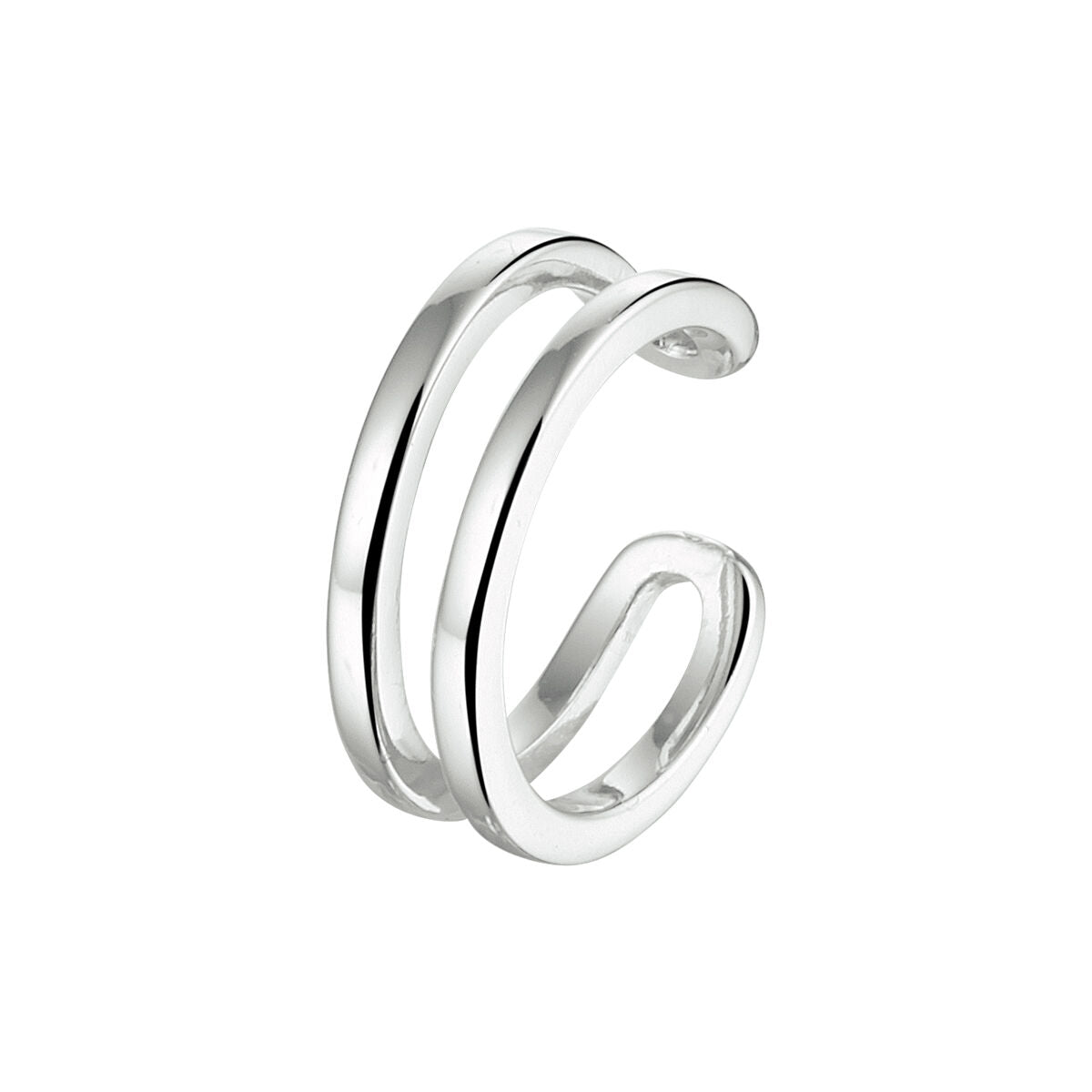 Orecchino a cuff in argento rodiato con design a doppio cerchio.