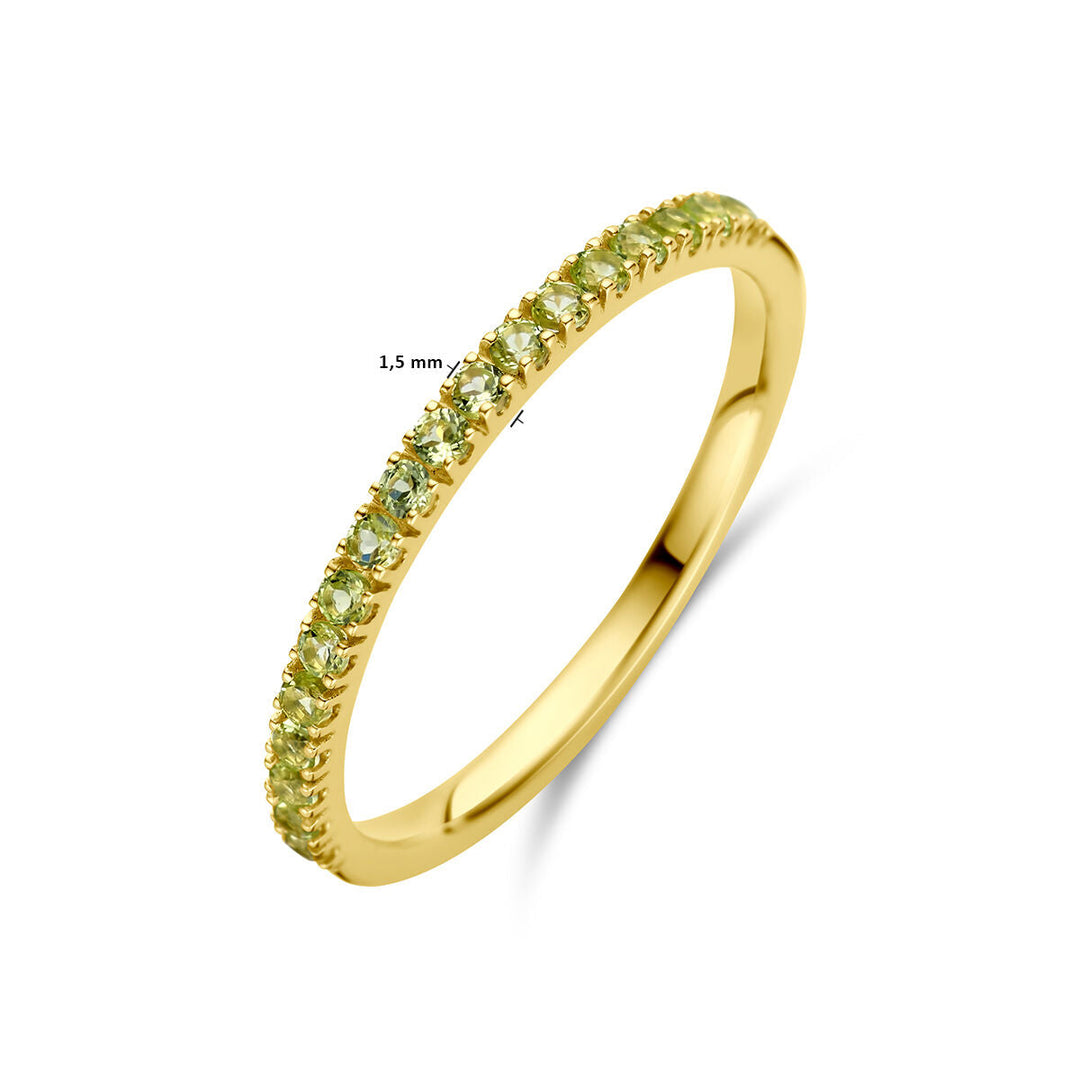 De Van der Kooij Collectie ring met geboortesteen peridoot augustus 14K geelgoud is een delicate geelgouden damesring bezet met kleine peridot stenen in een doorlopende rij, afgebeeld op een effen witte achtergrond.