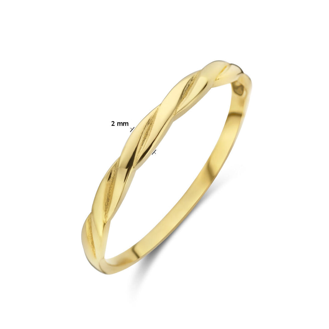 De Van der Kooij Collectie ring gedraaid 14K geelgoud is een slanke, gepolijste gedraaide ring van 2 mm breed, afgebeeld op een effen witte ondergrond.