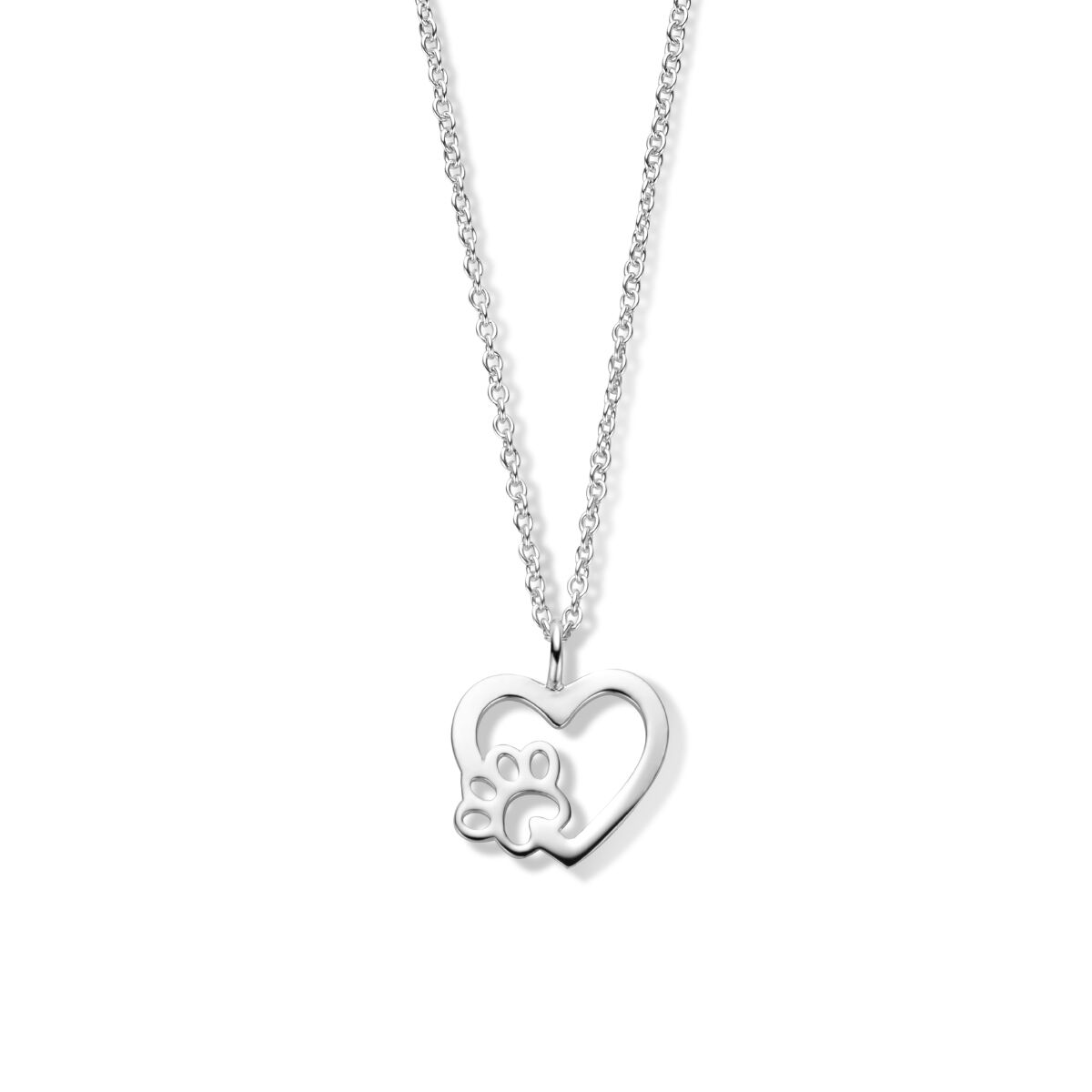 Collana in argento rodiato con ciondolo a forma di cuore e impronta di zampa.
