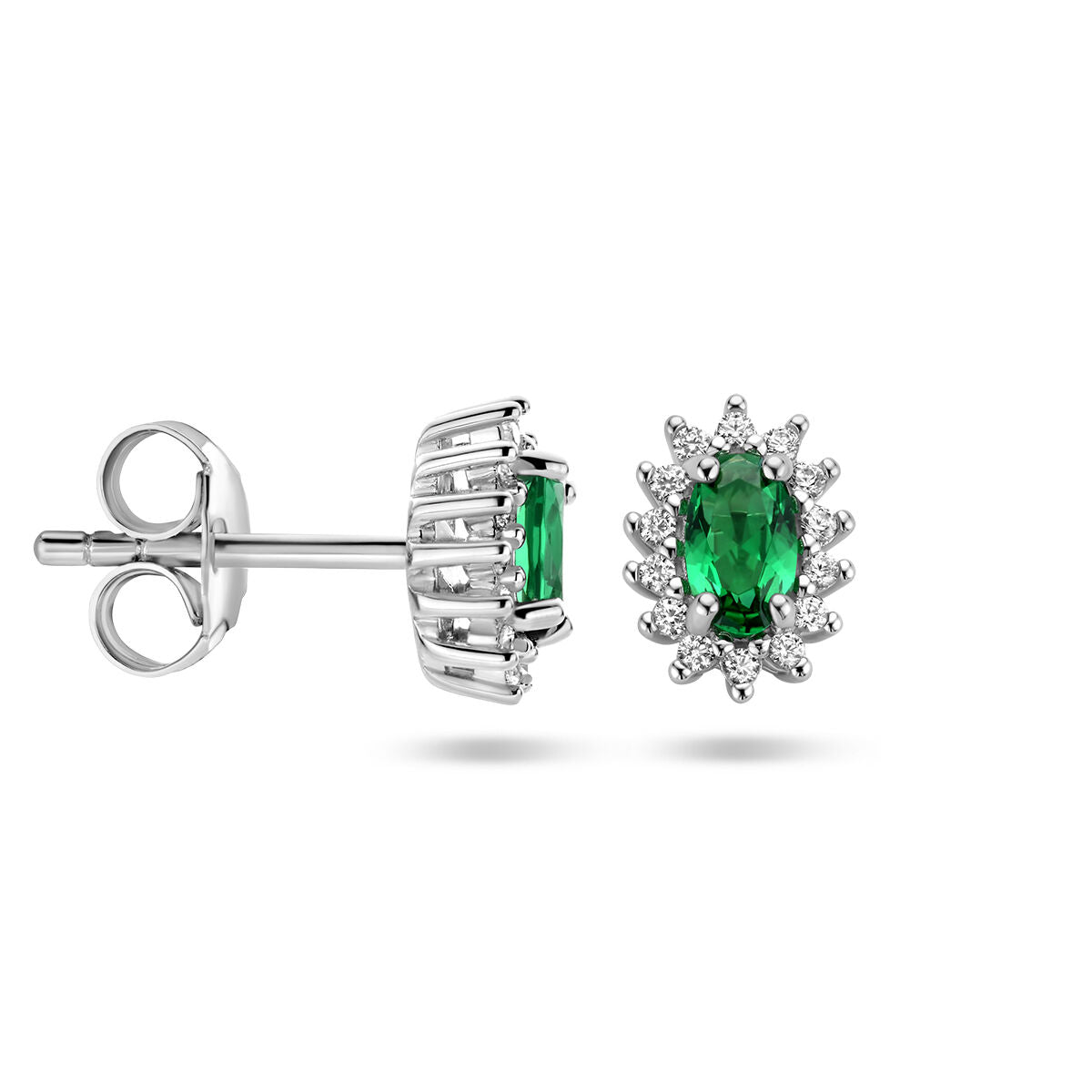 orecchini a bottone smeraldo sintetico e zirconia halo argento rodiato