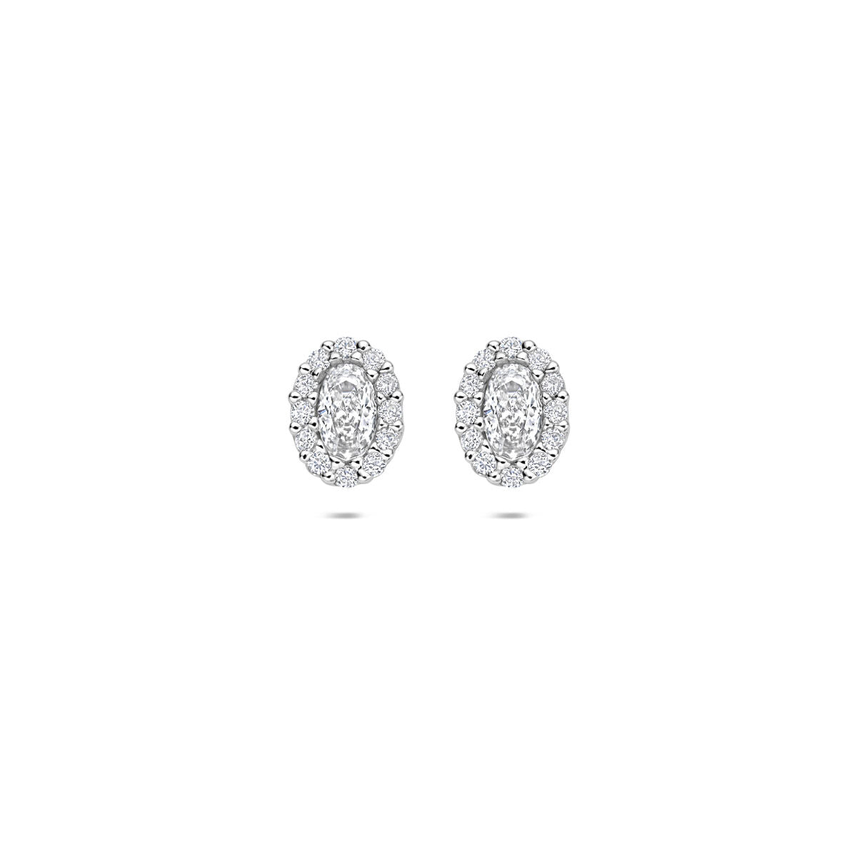 Orecchini in argento rodiato con zirconi ovali e dettagli scintillanti.
