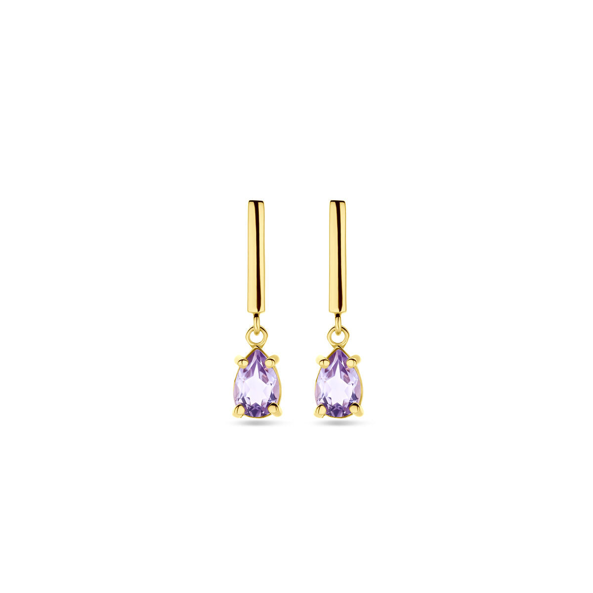 Orecchini in oro giallo 14K con pietra di ametista viola, lunghezza 19 mm.
