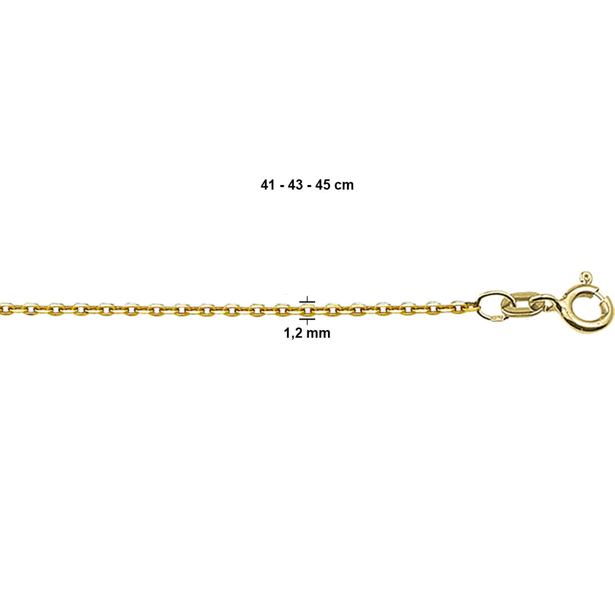 Collana in oro giallo con maglia piatta di 1,2 mm, disponibile in tre lunghezze.