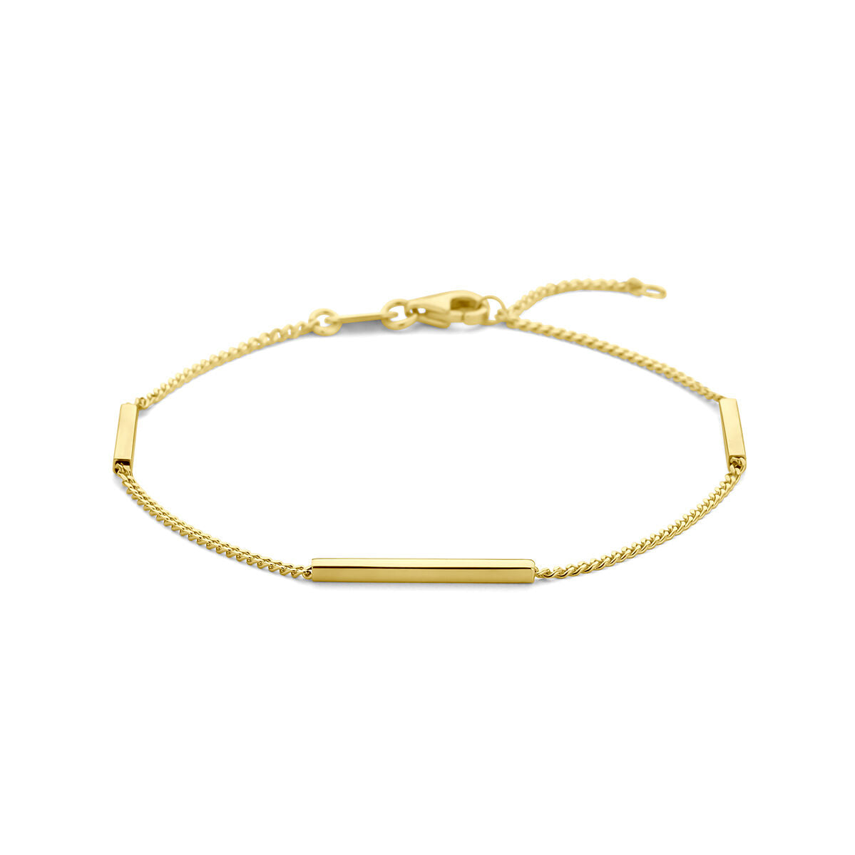 Bracciale in oro giallo 14K con barretta centrale e catena a maglia rolò.