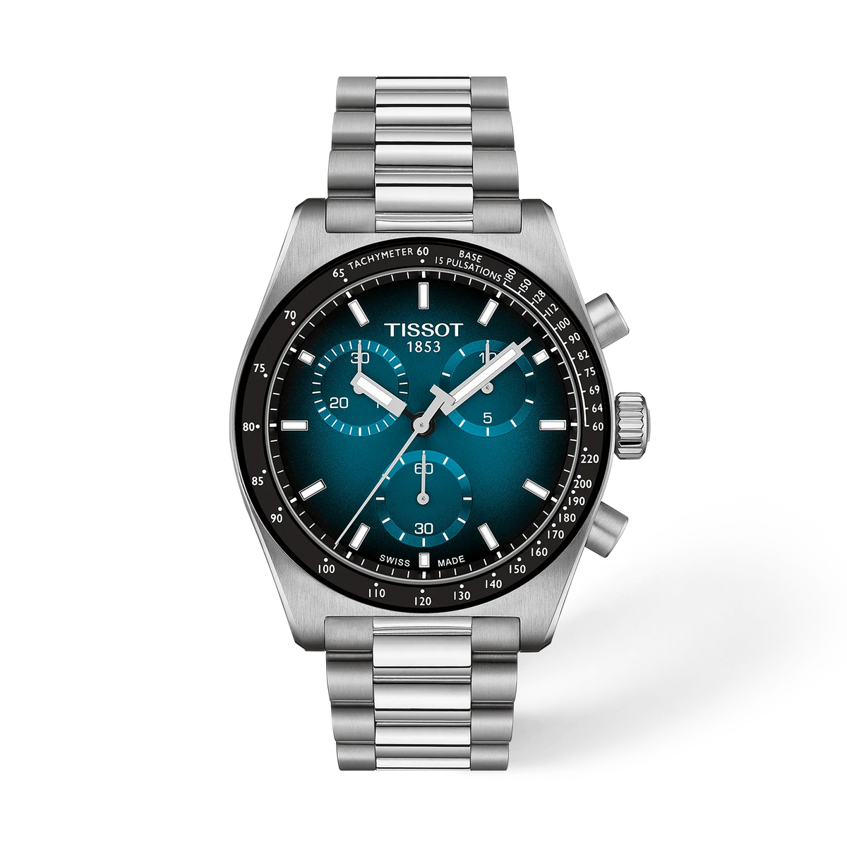 Orologio Tissot PR516 con cassa in acciaio inox, quadrante blu e cinturino a maglia rolò.