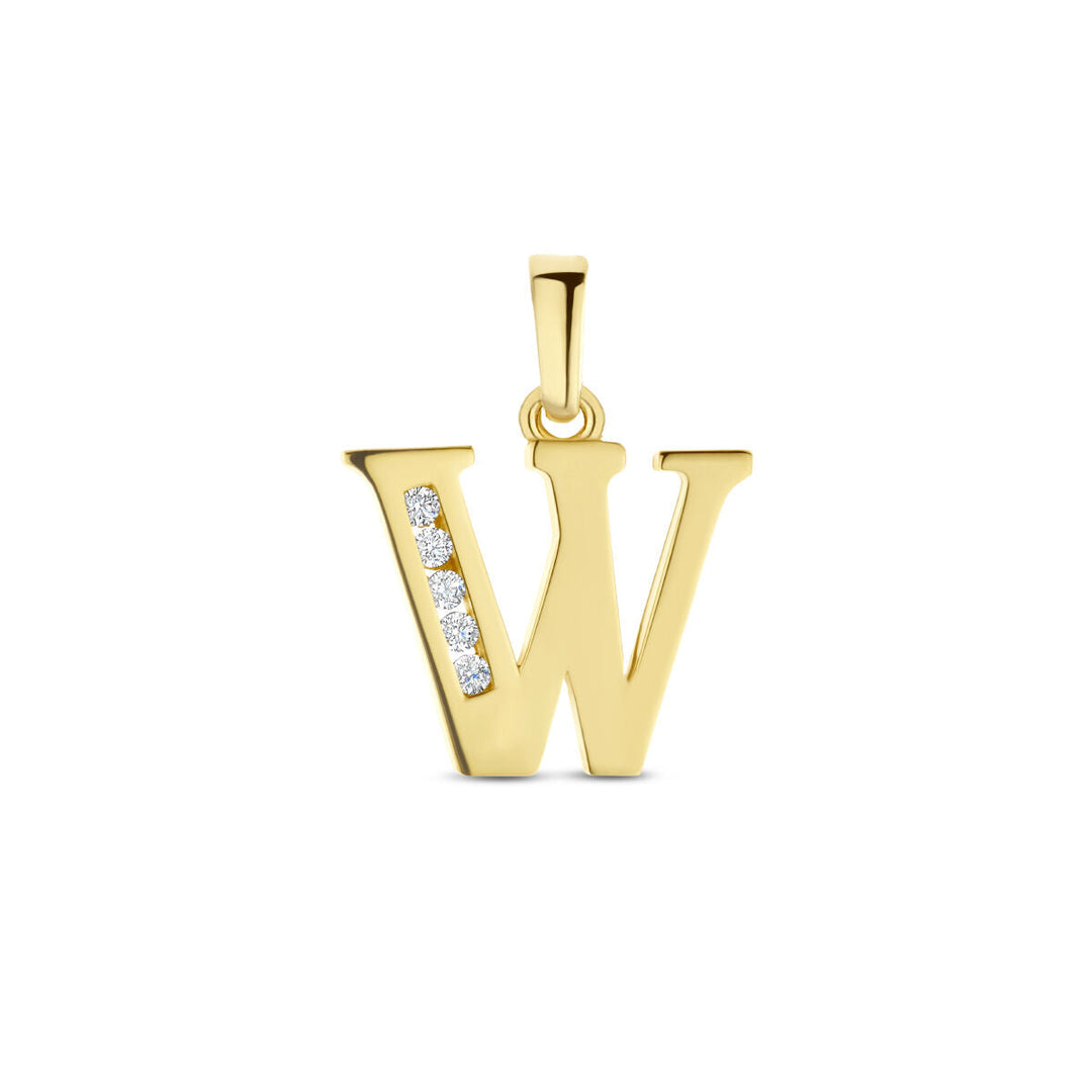 De Van der Kooij Collectie hanger letter zirkonia 14K geelgoud is een geelgouden W-vormige hanger met vier verticaal gezette zirkonia's aan de linkerkant en een eenvoudige gouden lus voor bevestiging aan een ketting.