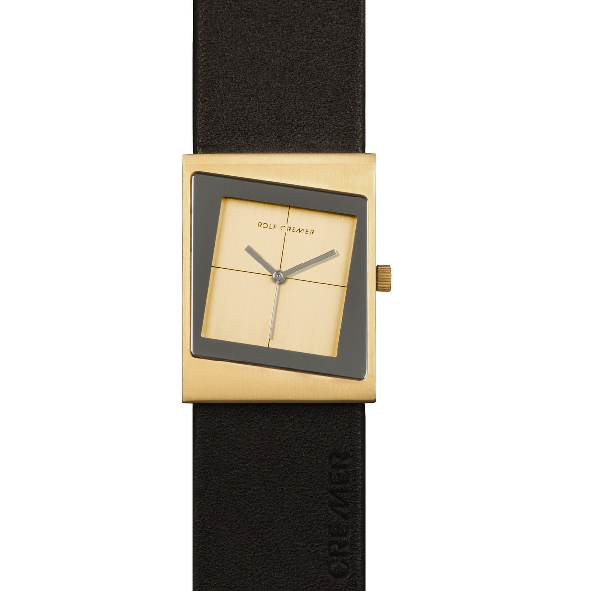 Orologio quadrato con cassa dorata e quadrante beige, cinturino in pelle nera.