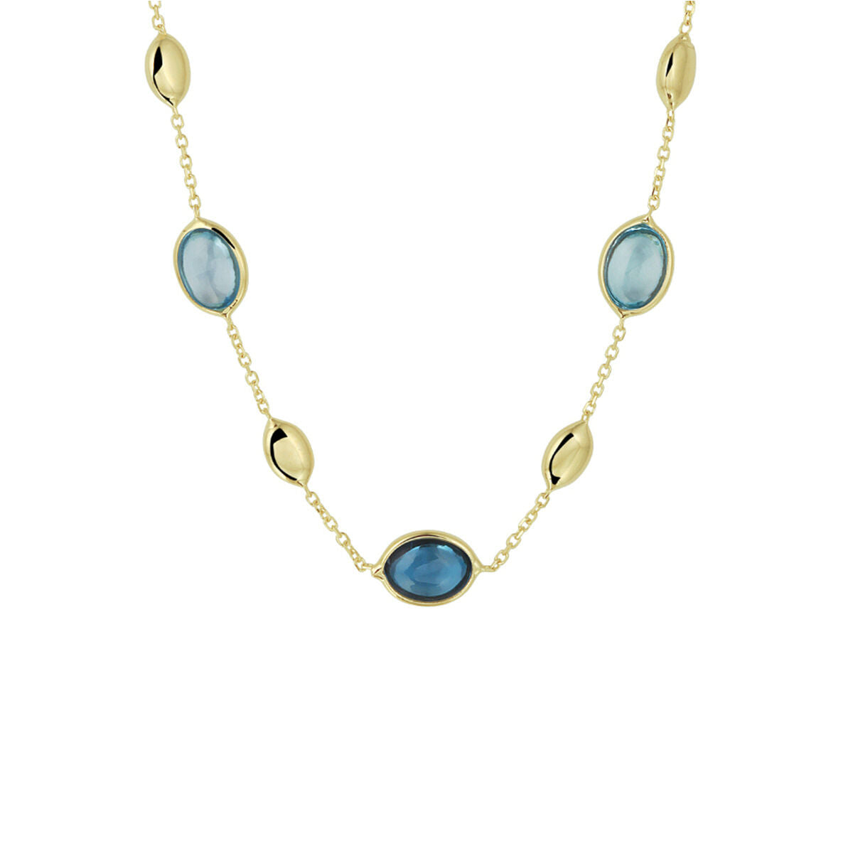 Collana in oro giallo con topazi blu e london blue, con gemme ovali alternate.