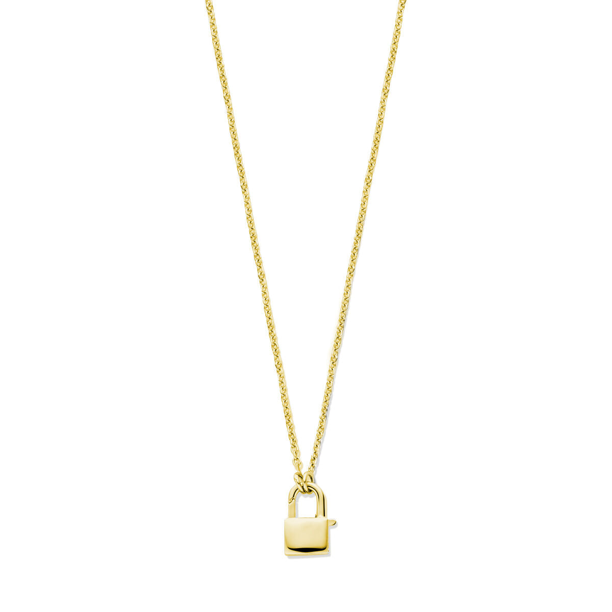 Collana con ciondolo a forma di lucchetto, in argento dorato giallo, lunghezza 46 cm.
