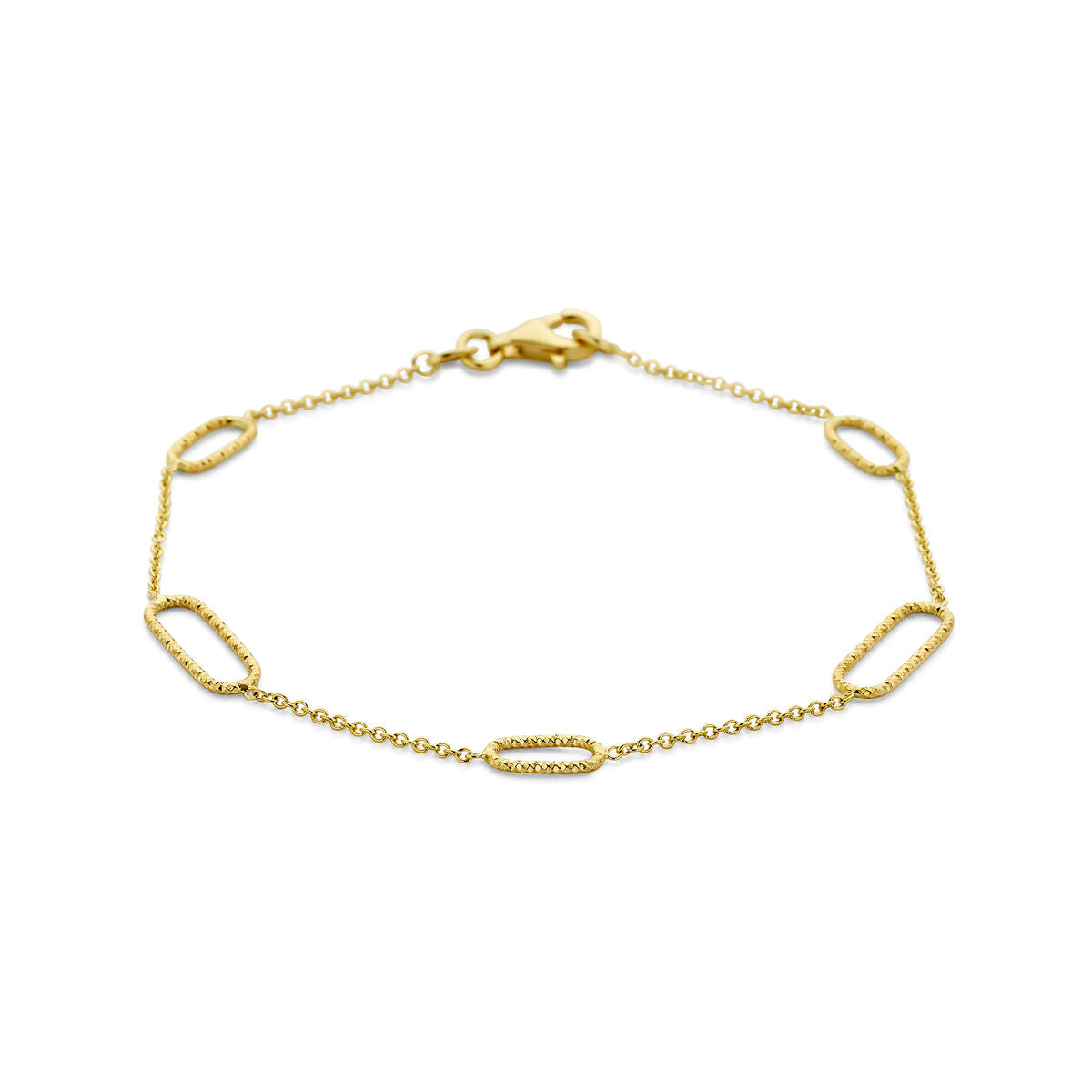 Bracciale in oro giallo 14k con maglie ovali e dettagli in catena.
