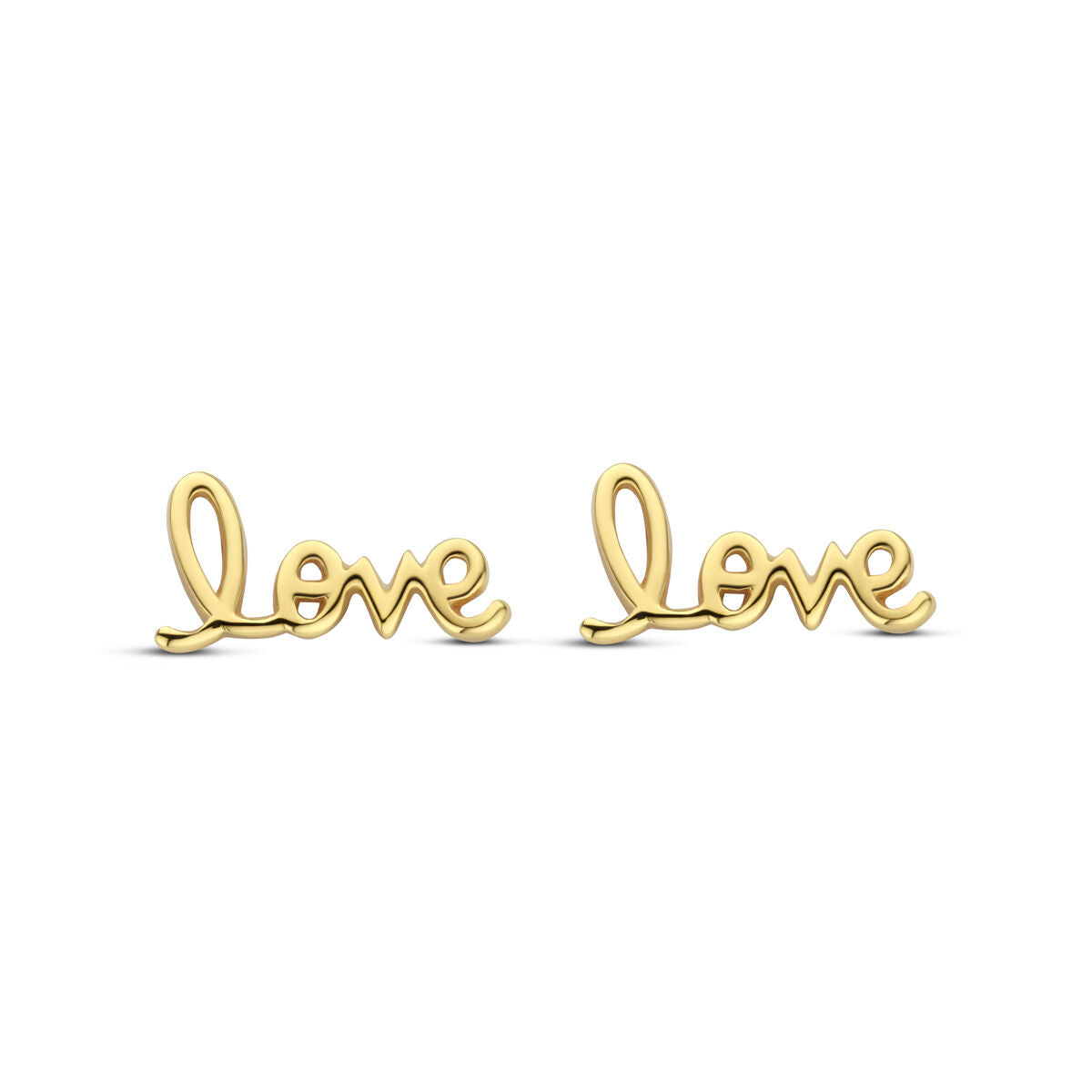 Oorknoppen in de vorm van het woord 'love', 6 mm, van 1 micron zilver verguld in geel.
