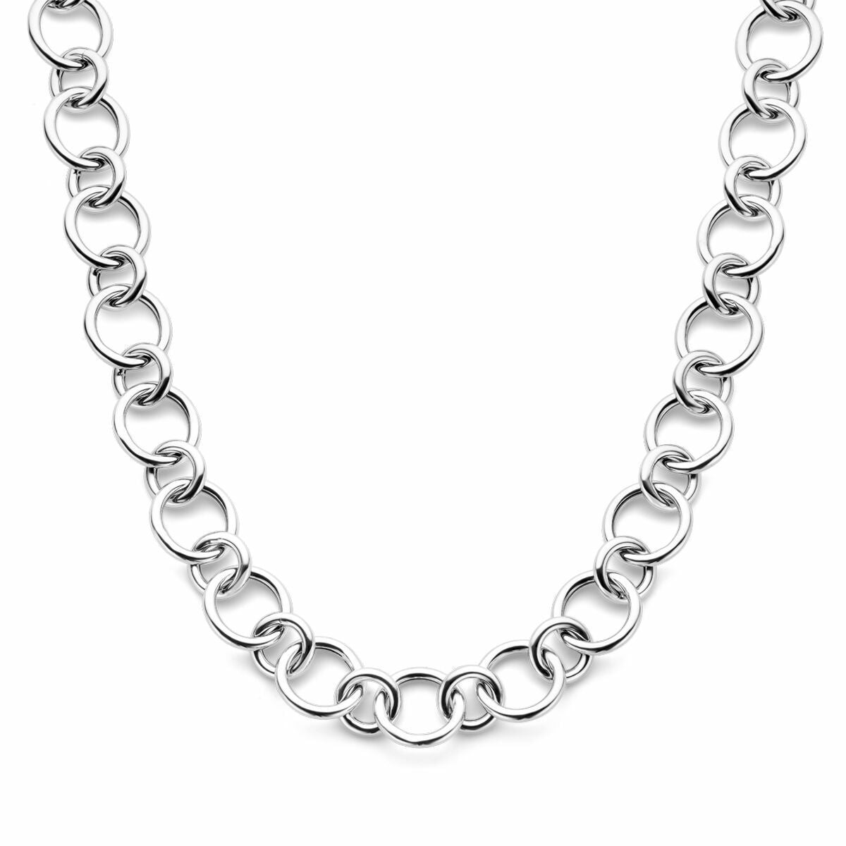 Collana in argento rodiato con maglie rotonde di 17 mm, lunghezza 46 cm.