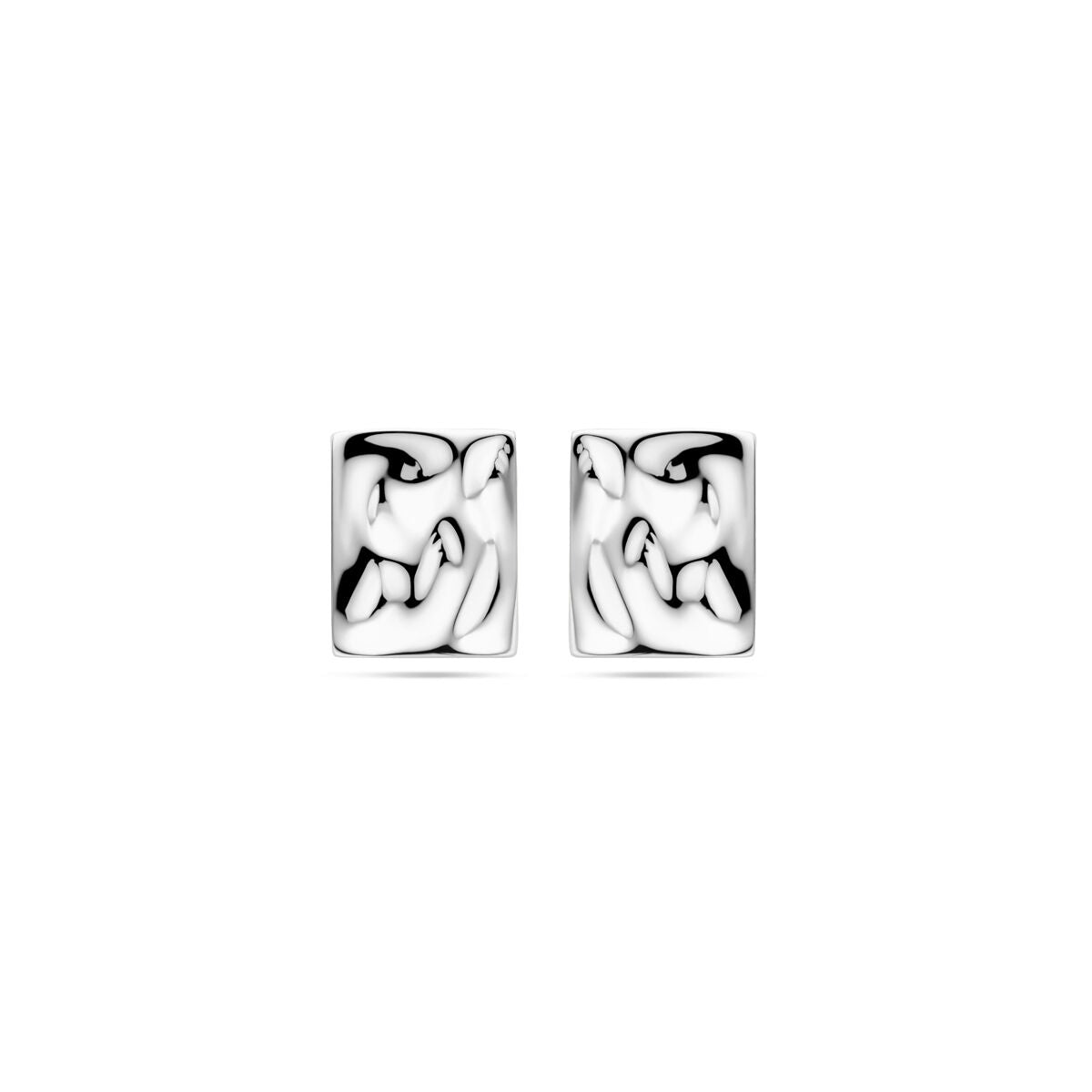 Orecchini a bottone in argento rodiato, con superficie gehamerd e forma ondulata, diametro 15 mm.
