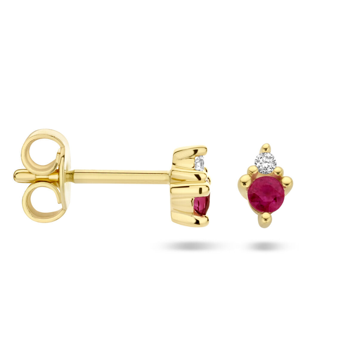 orecchini a bottone rubino e diamante 0.02ct (2x 0.01ct) h p1 14K oro giallo