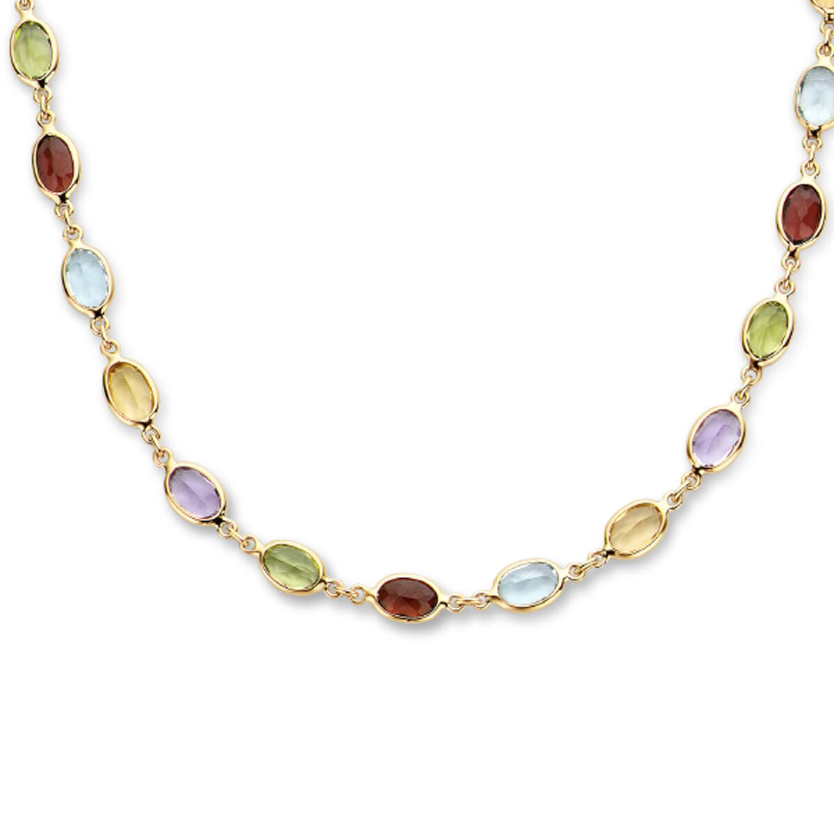Collana in oro con pietre naturali colorate, ovali e incastonate.