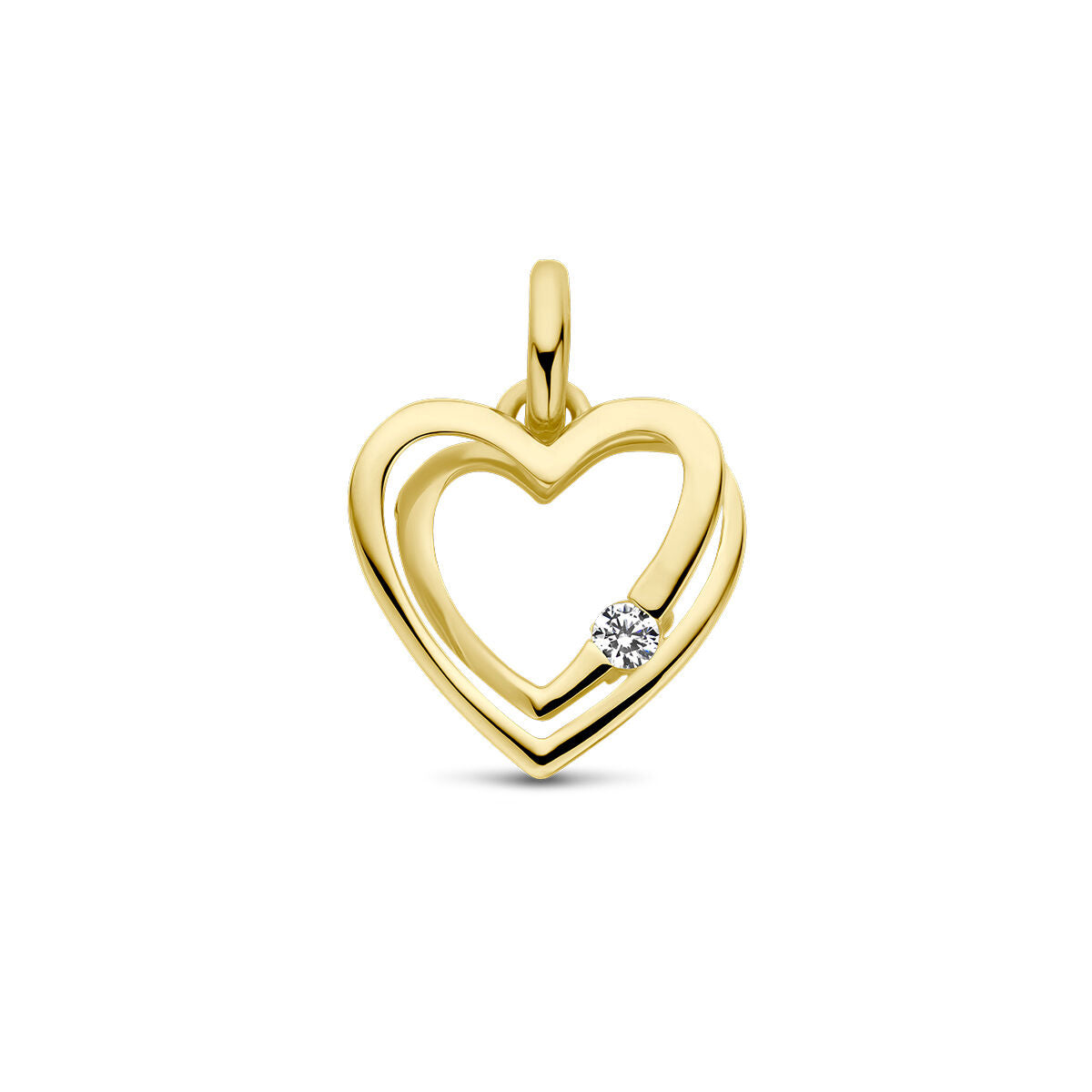 Ciondolo a forma di cuore in oro giallo 14K con zircone.
