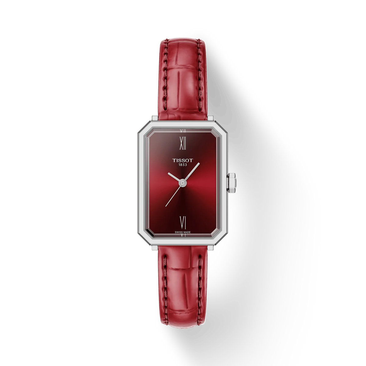 Orologio da donna Tissot con cassa rettangolare argento e quadrante rosso, cinturino in pelle rossa.