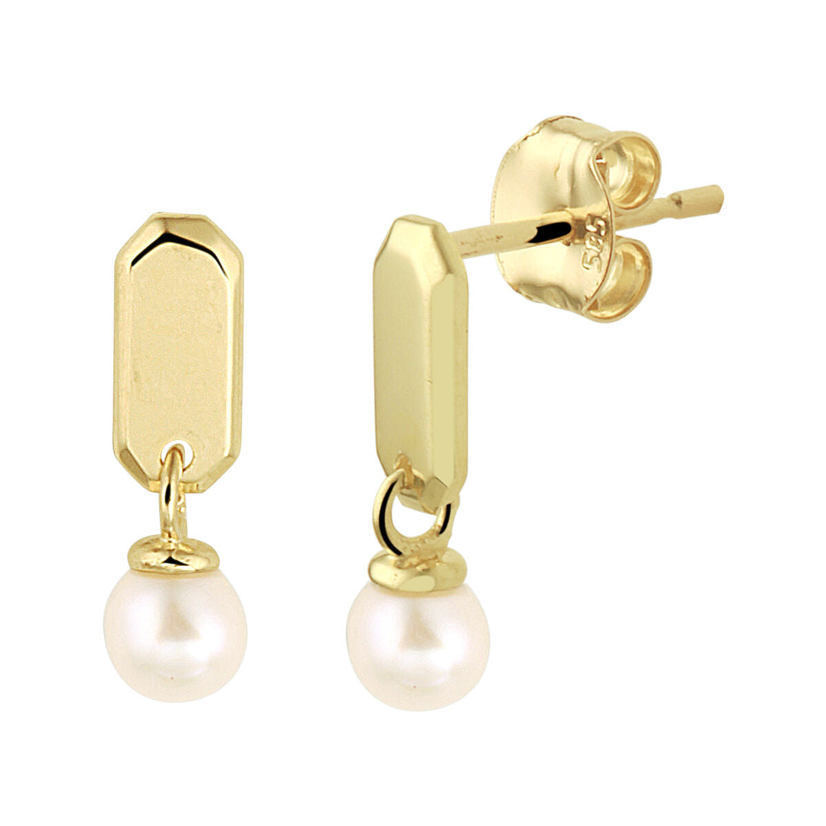 Orecchini in oro giallo 14K con perla pendente e forma ottagonale.