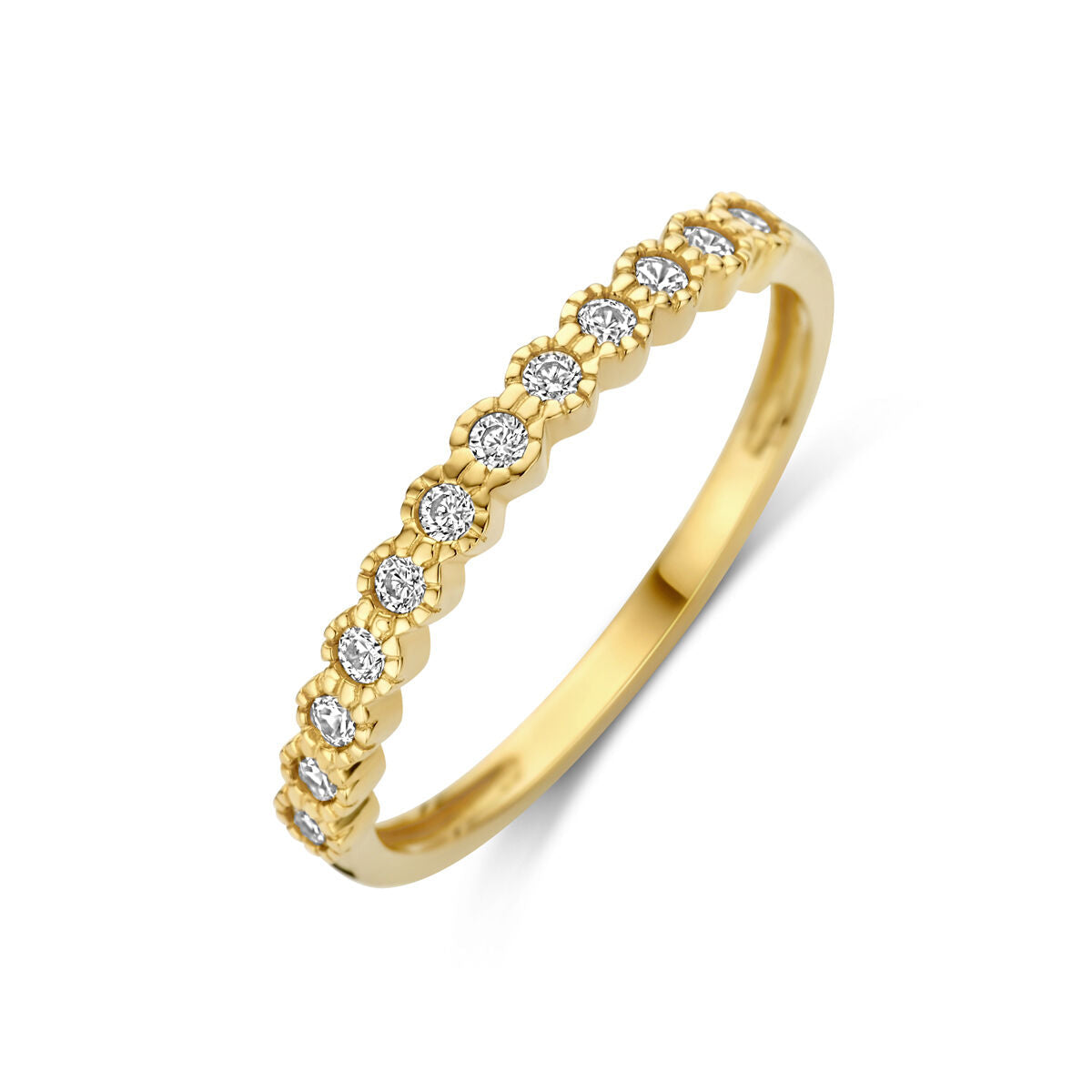 anello in oro giallo 14K con zirconi, design sottile e dettagli floreali.
