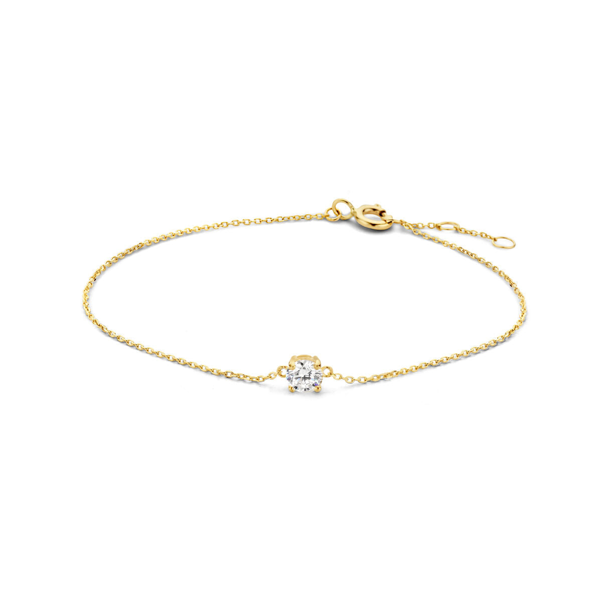Bracciale in oro 14K con zircone centrale, design delicato e catena fine.