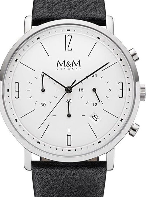 Orologio con quadrante bianco, cassa argentata e cinturino in pelle nera.