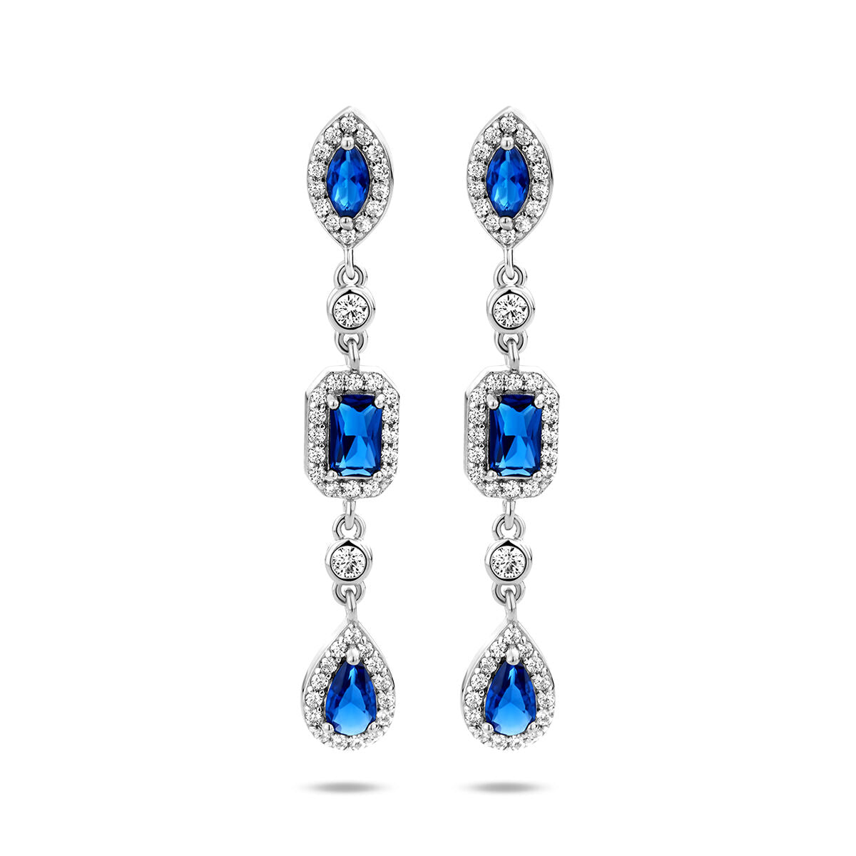 Orecchini in argento rodiato con zaffiri blu e zirconi bianchi, design a goccia.
