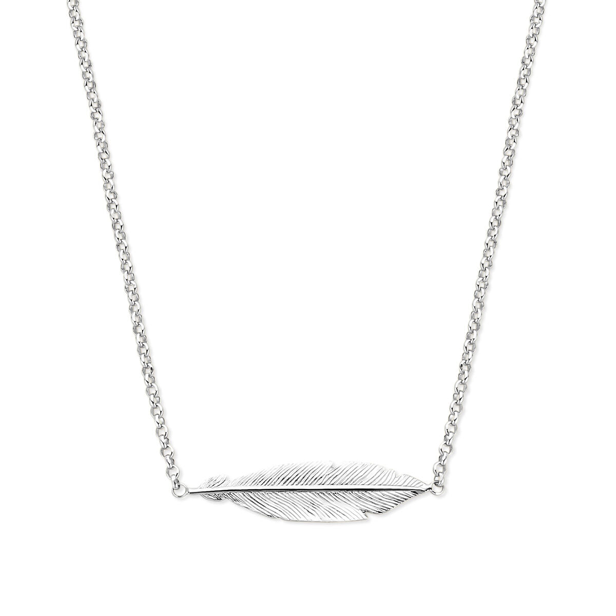 Collana in argento rodiato con pendente a forma di piuma, lunghezza 40,5 cm + 3 cm.