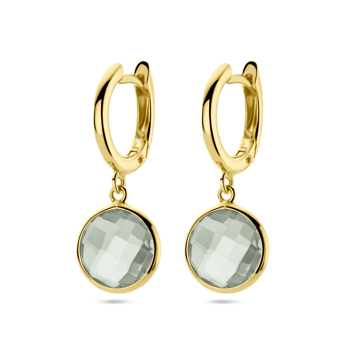 Orecchini alla creola in oro giallo 14K con pendente di ametista verde sfaccettata.