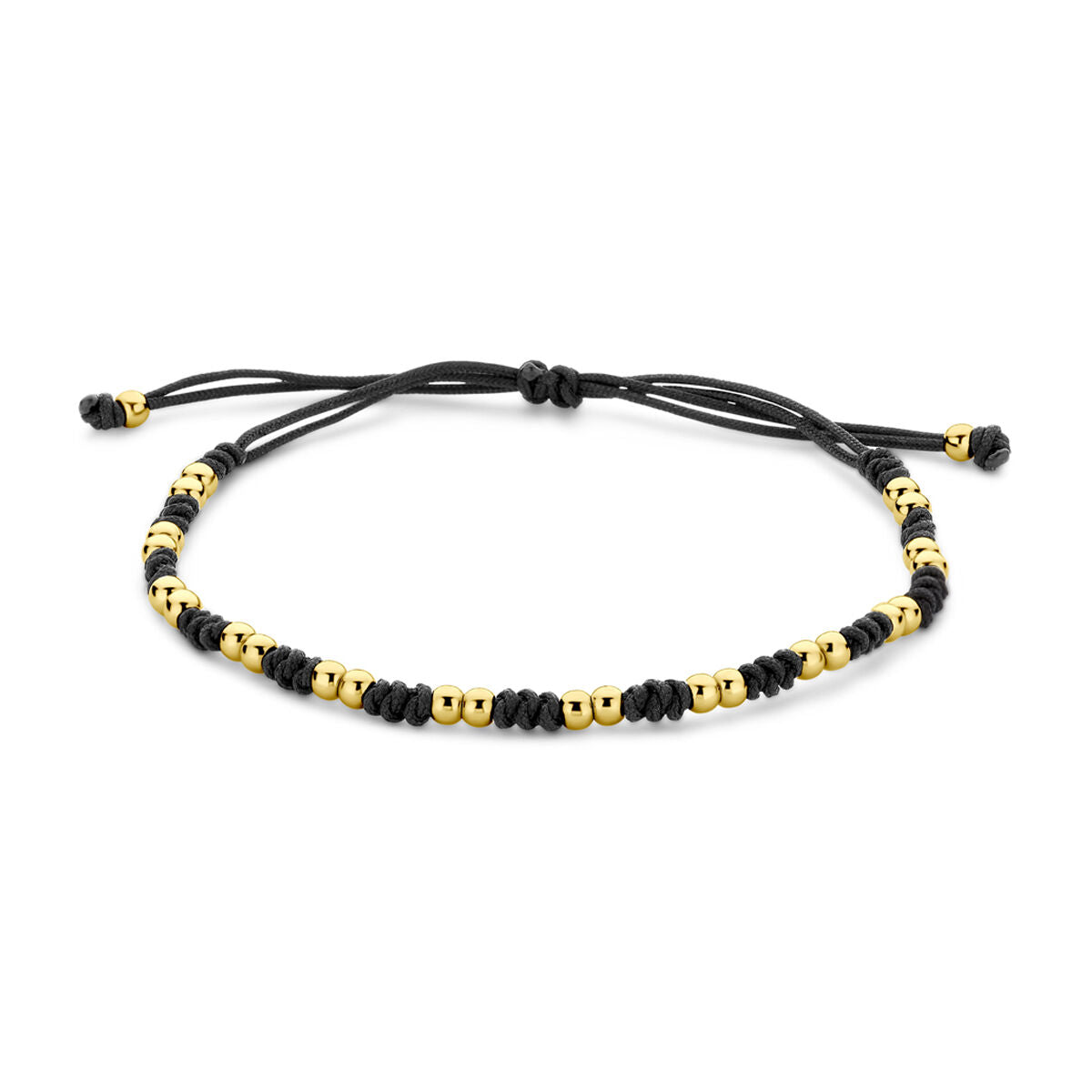 Bracciale in oro 14K con perline dorate e dettagli in nylon nero, regolabile da 12 a 24 cm.