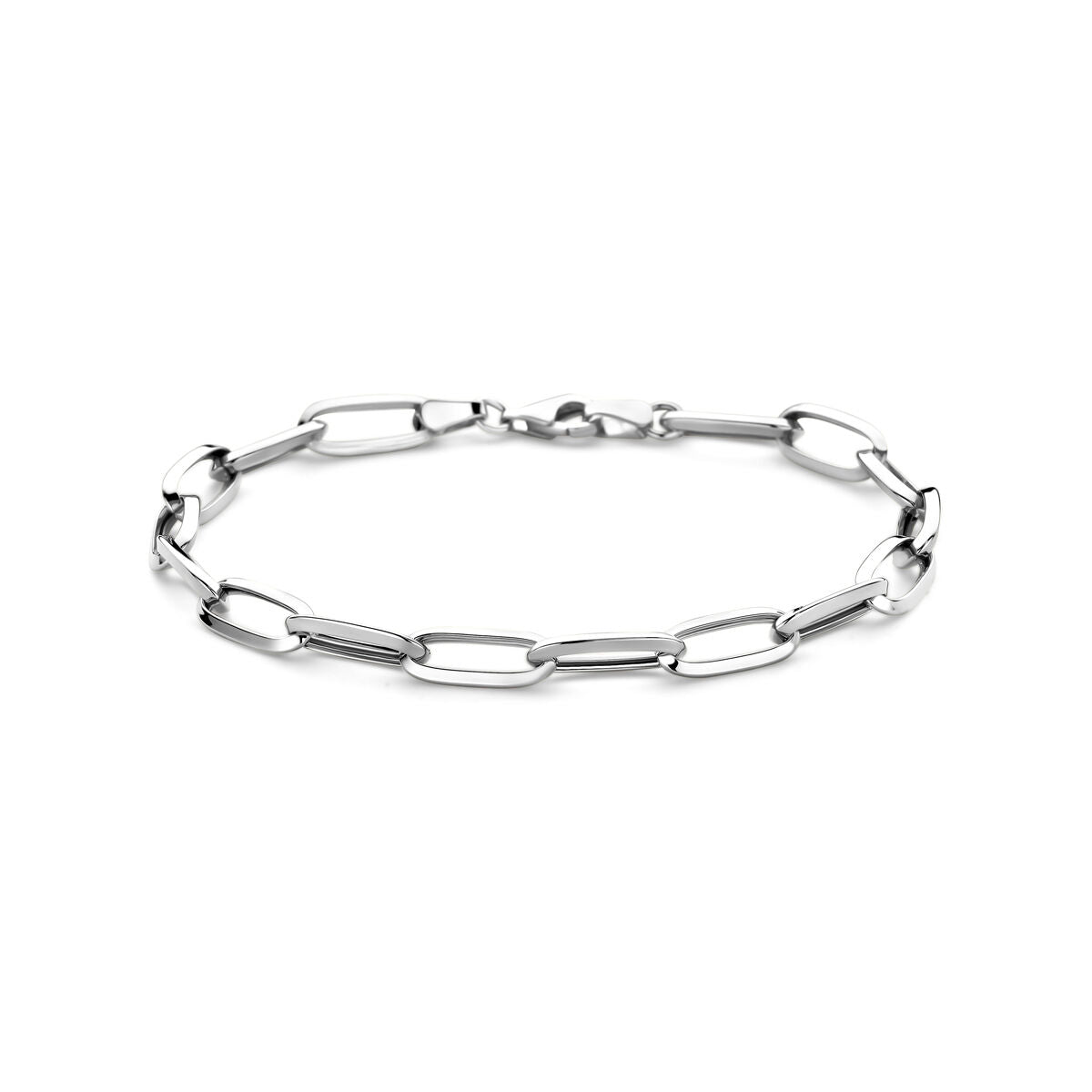 Bracciale in oro bianco 14K, con maglie ovali chiuse, lungo 19 cm e largo 5,8 mm.