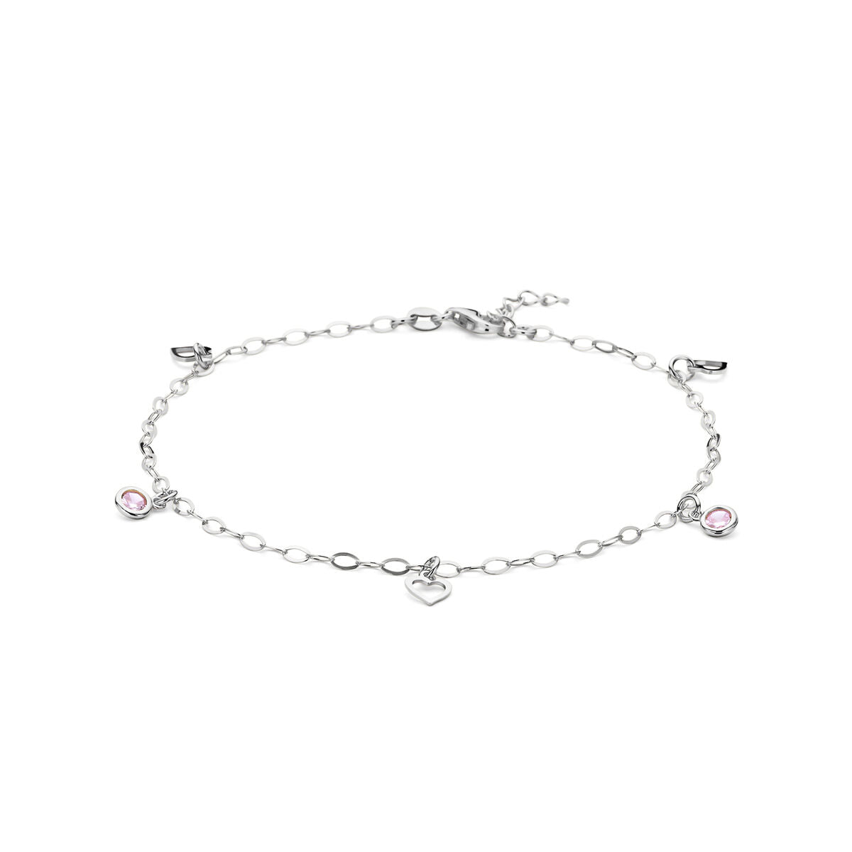 Bracciale d'argento con cuori e zirconi rosa, lunghezza 24 + 2 cm.