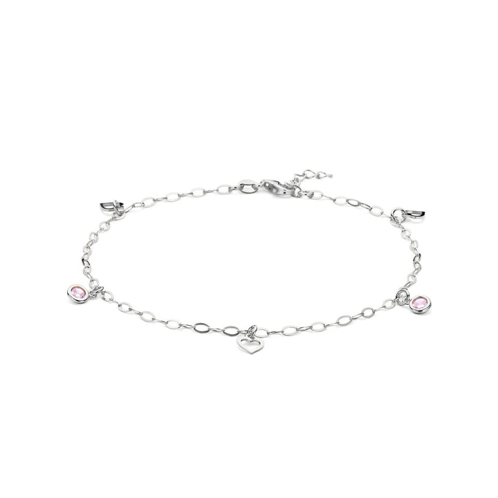 zilveren enkelbandje hart en roze zirkonia 24 + 2 cm