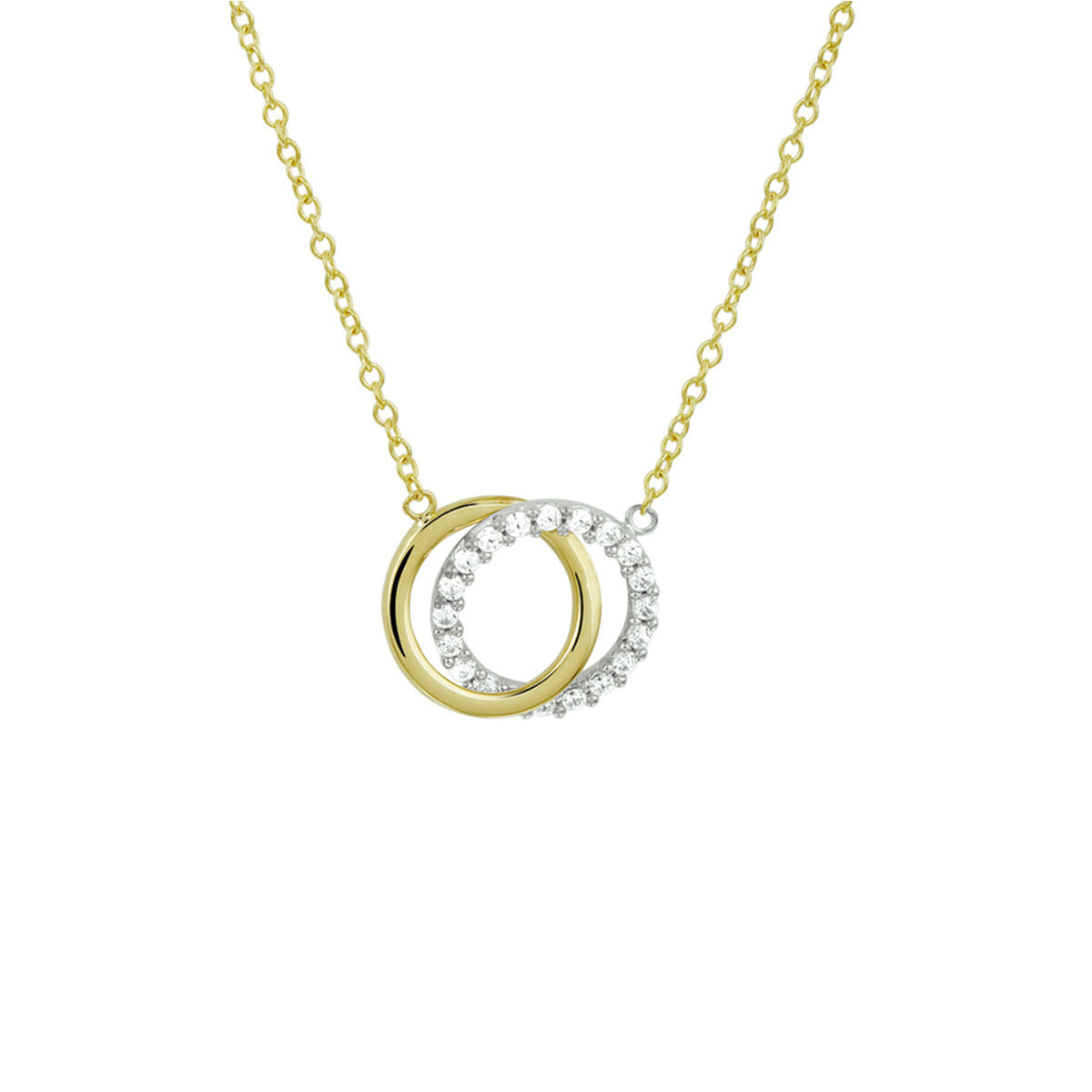 Collana con cerchi in oro bicolore giallo e bianco, decorata con zirconi.