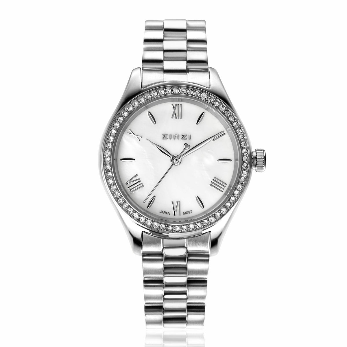 Orologio in acciaio argentato con quadrante bianco e cristalli, cinturino a maglia rolò.