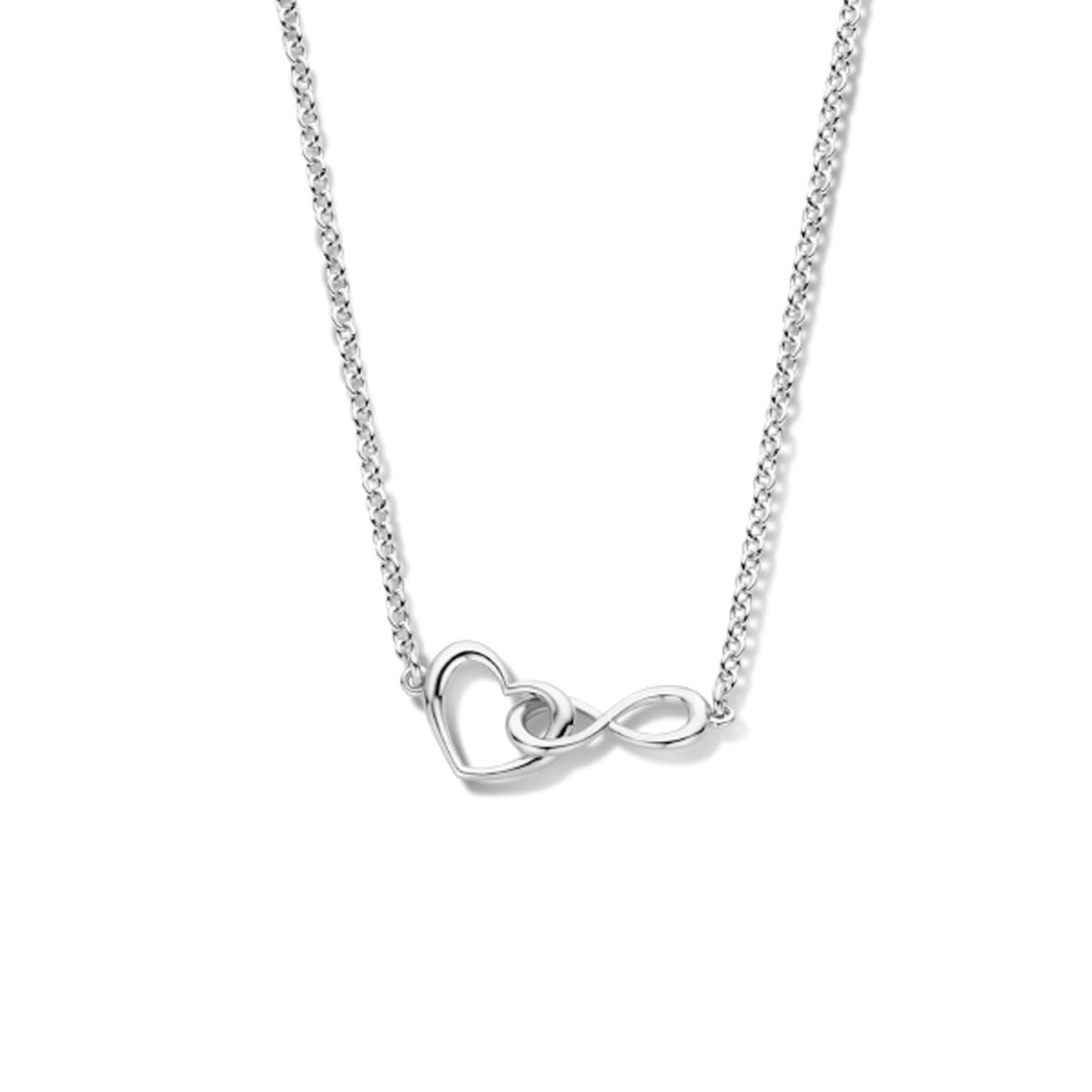 Collana in argento rodiato con pendente a forma di cuore e simbolo dell'infinito.