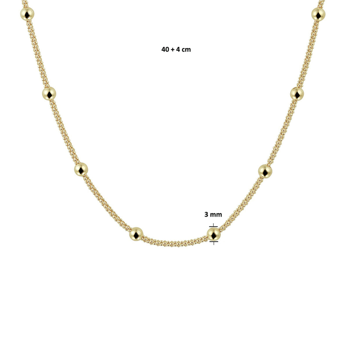Van der Kooij Collectie collier bolletjes 3,0 mm 40 + 4 cm, minimalistisch design in geel zilver verguld; afgebeeld op witte achtergrond met maataanduiding voor een exclusieve uitstraling.