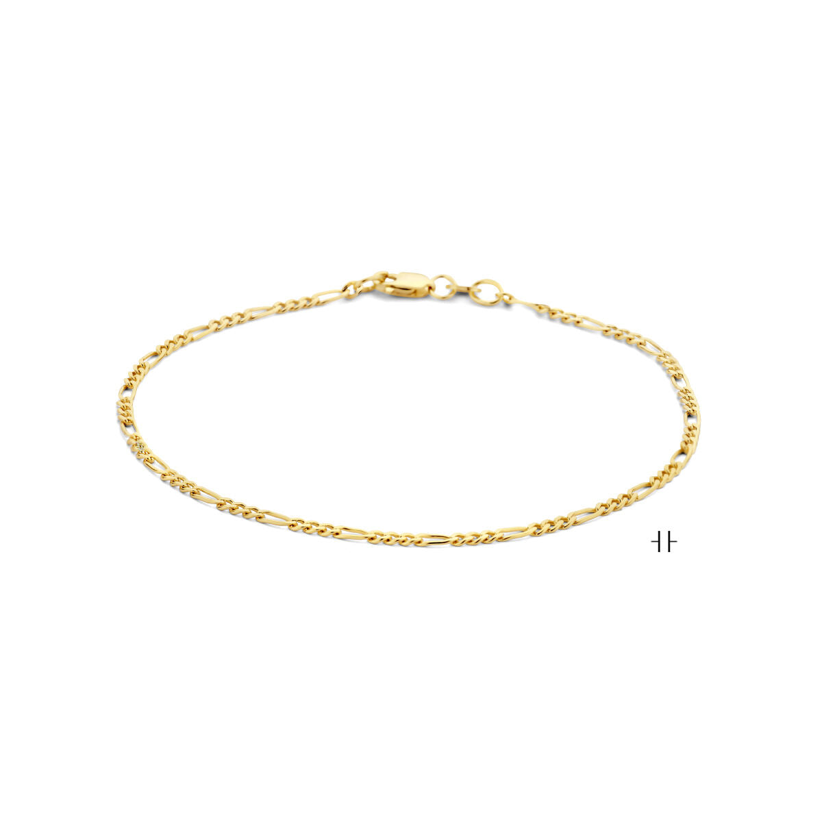 Bracciale figaro in oro giallo 14K, maglia da 1,8 mm, con chiusura a moschettone.