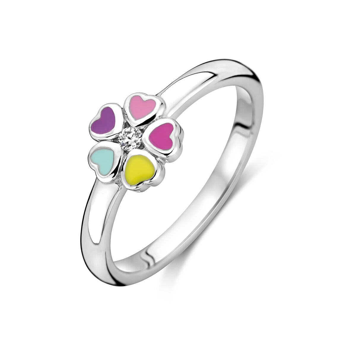 Anello in argento rodiato con motivo a fiore e zirconi, petali colorati.