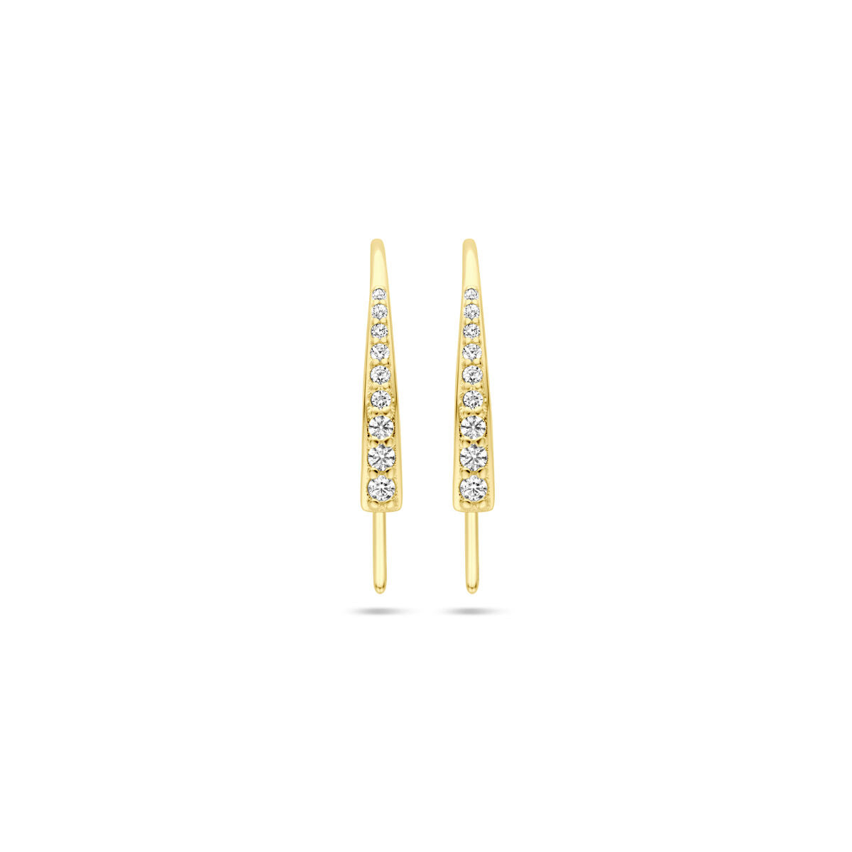 Orecchini in oro giallo 14K con pietre brillanti, forma allungata e sottile.