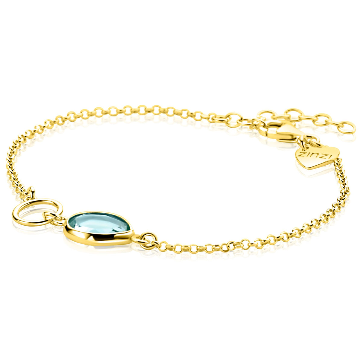 Bracciale in oro placcato con pietra azzurra ovale e dettagli a catena.