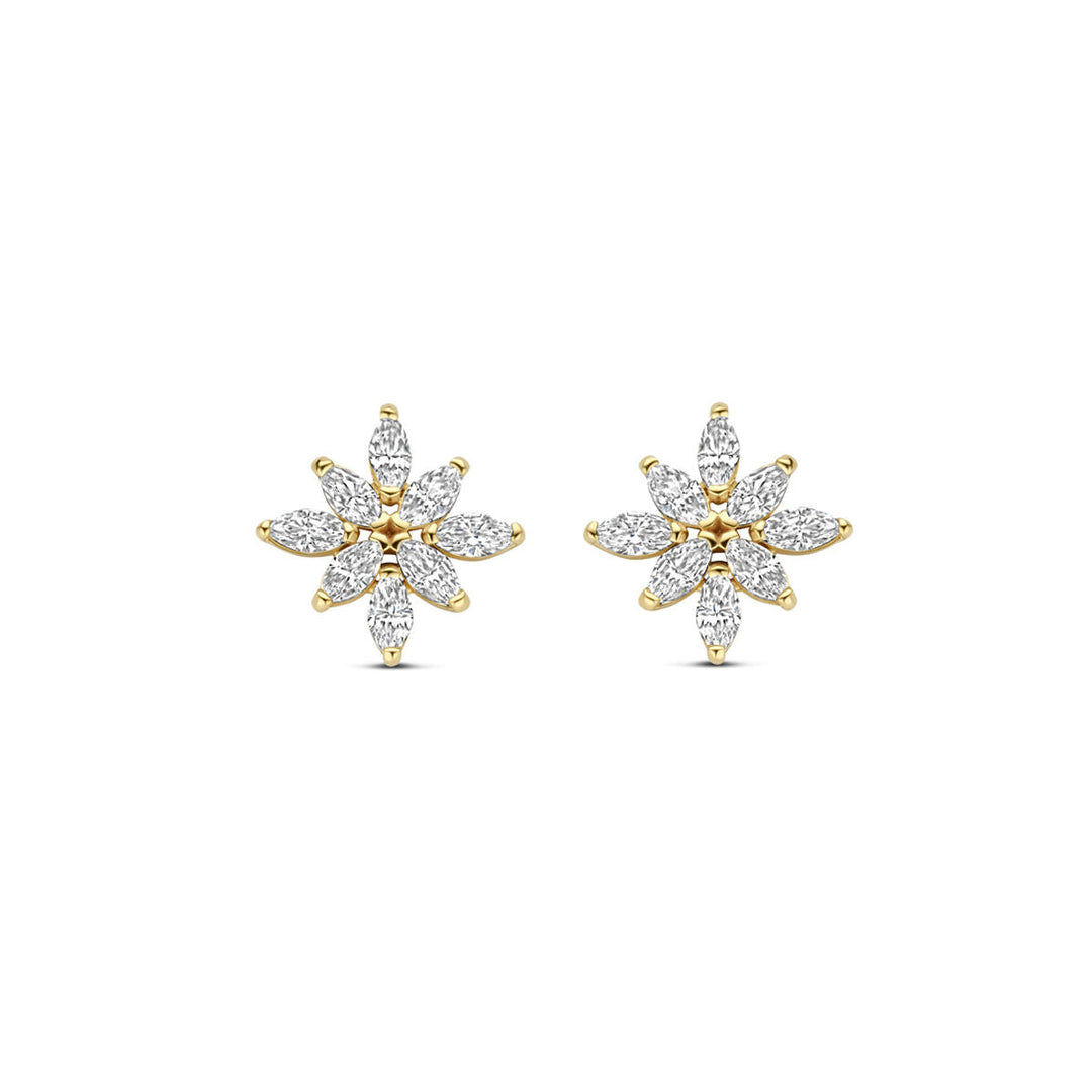 Van der Kooij Collectie oorknoppen zirkonia 7,5 mm van 14K geelgoud, bloemvormig met marquise geslepen zirkonia als stervormige bloemknoppen.