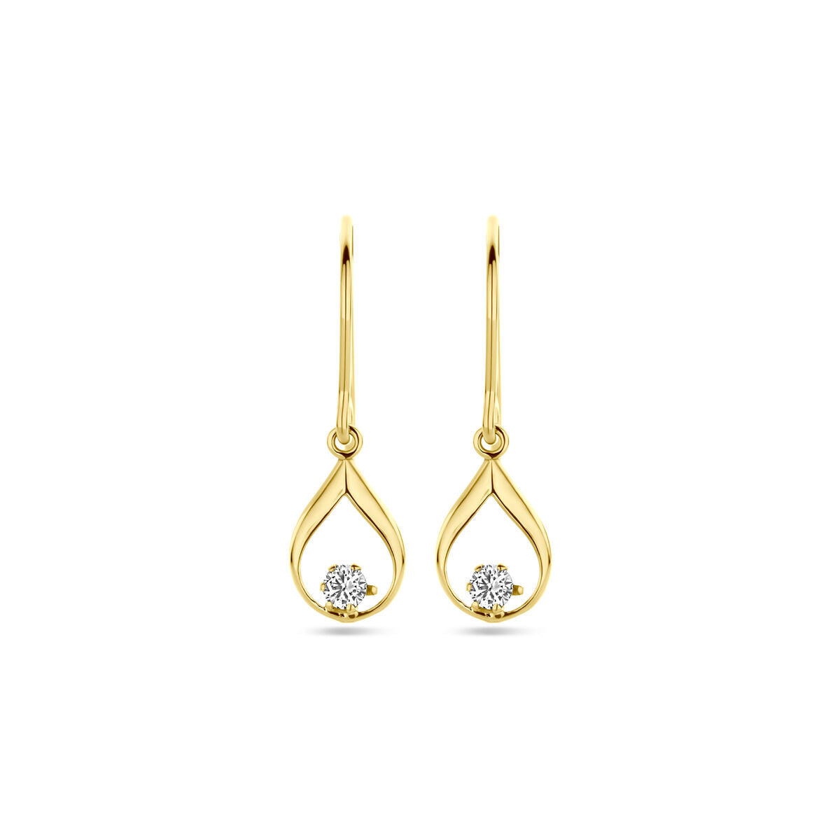 Orecchini pendenti in oro giallo 14K con zircone, forma a goccia di 23 mm.